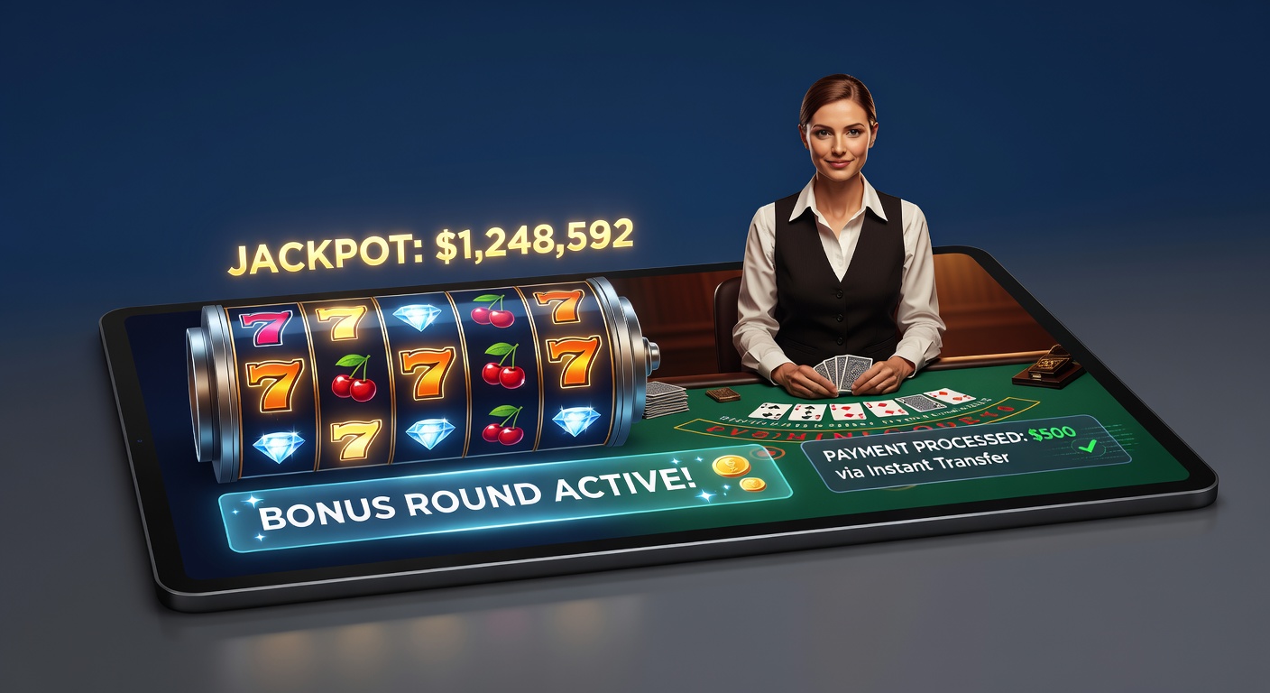 Dynamic fusion of spinning slot reels and a live dealer at a blackjack table, highlighting bonuses and payout icons in a vibrant casino interface