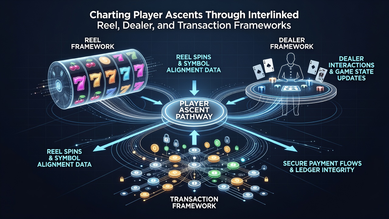 Illustration of a player dashboard displaying progress across slots, live dealer sessions, and transaction history