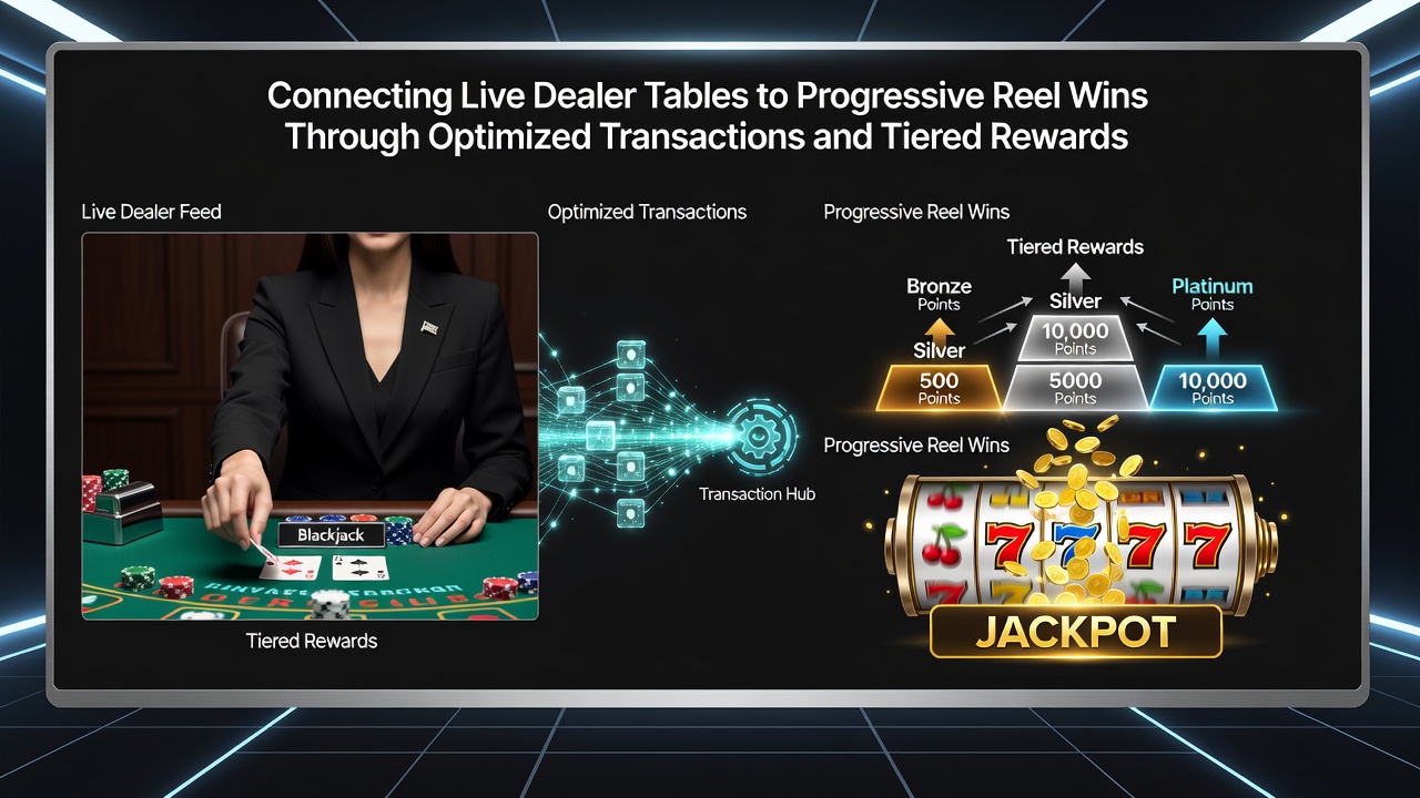 VIP tier progression chart showing live dealer and slot rewards merging into shared jackpot access
