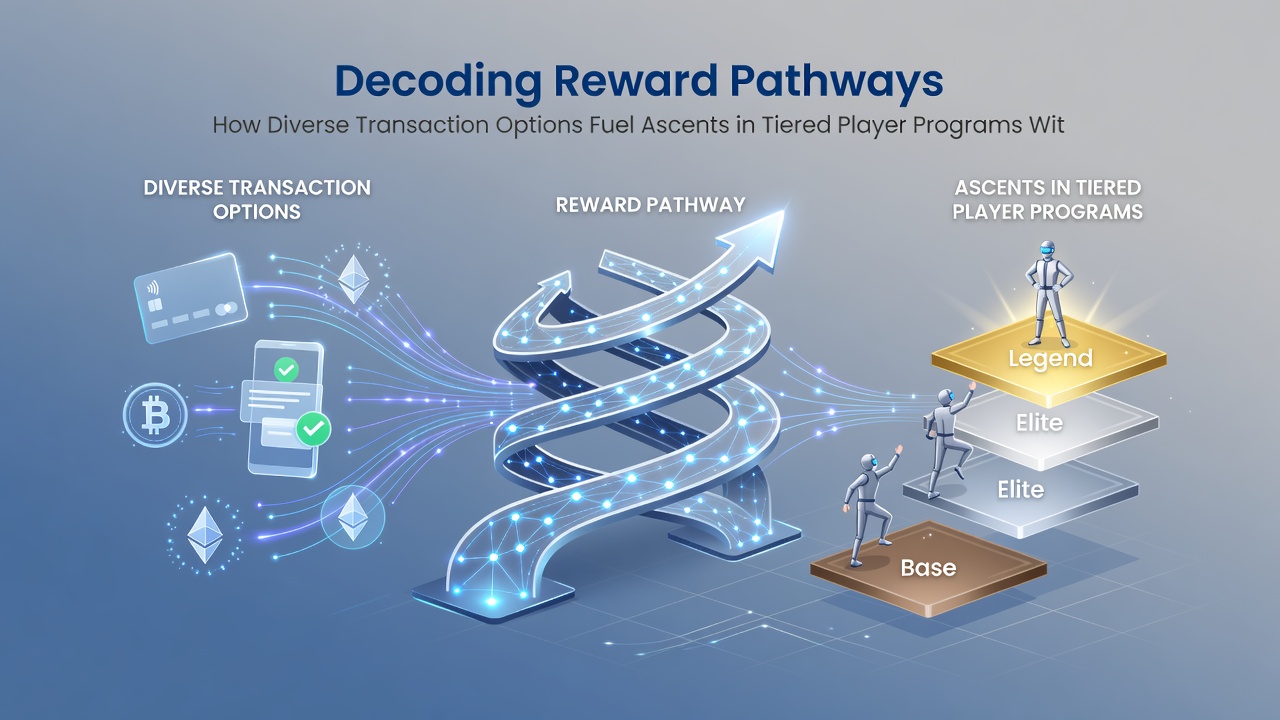 Illustration of player progression paths linked to multiple transaction types in reel entertainment loyalty programs