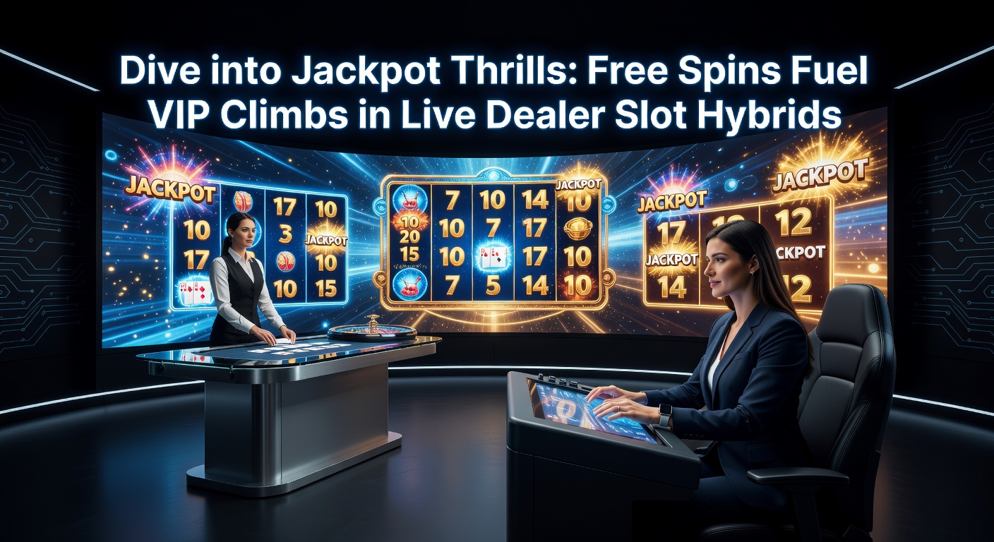 Vibrant live dealer slot hybrid interface showing spinning reels with a charismatic dealer announcing free spins and VIP tier progress