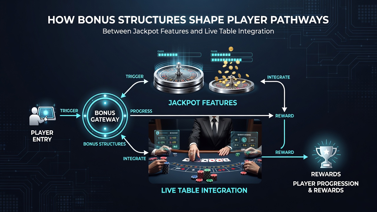 Illustration of integrated jackpot and live table bonus flows across payment methods