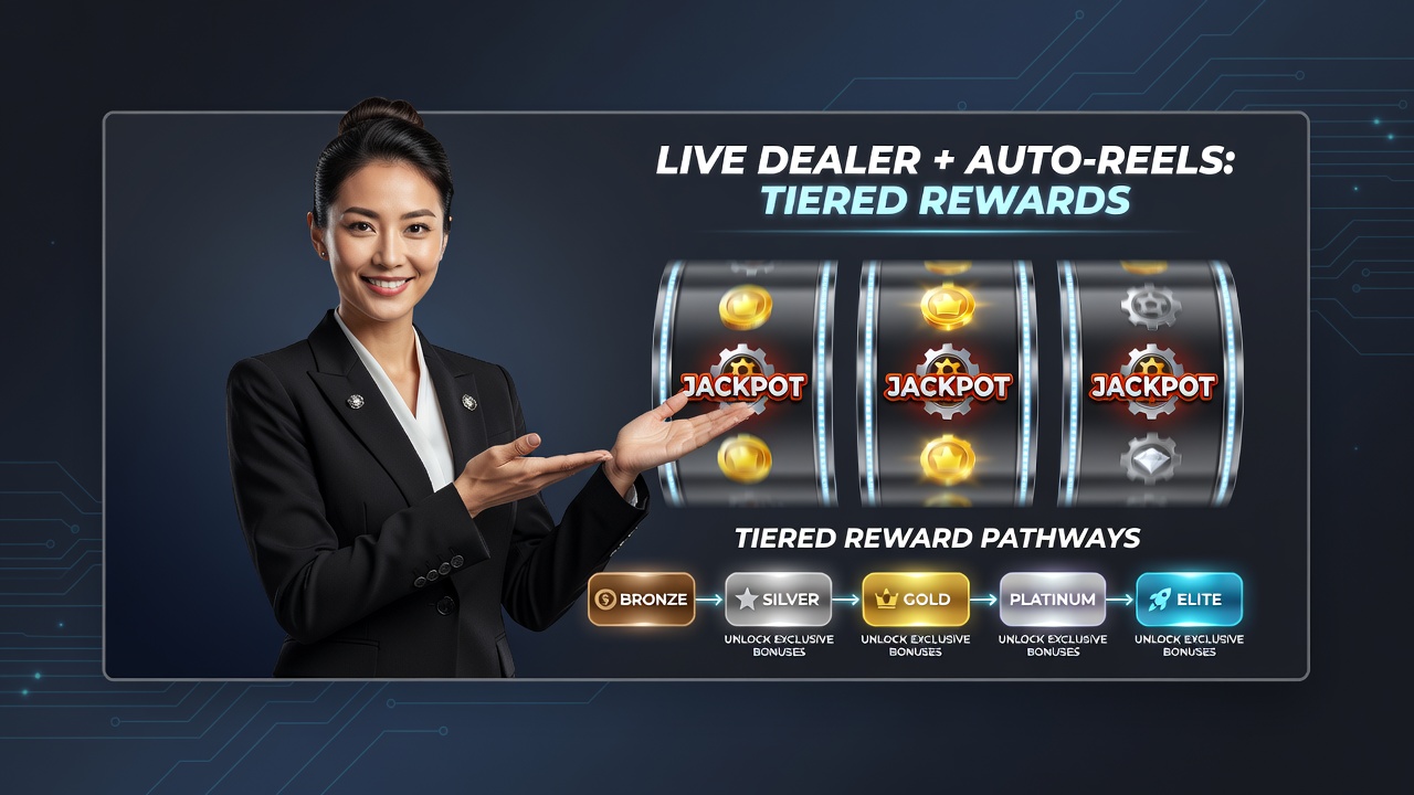 Detailed view of tiered reward dashboard displaying progression from live dealer table to automated reel bonuses and loyalty level indicators
