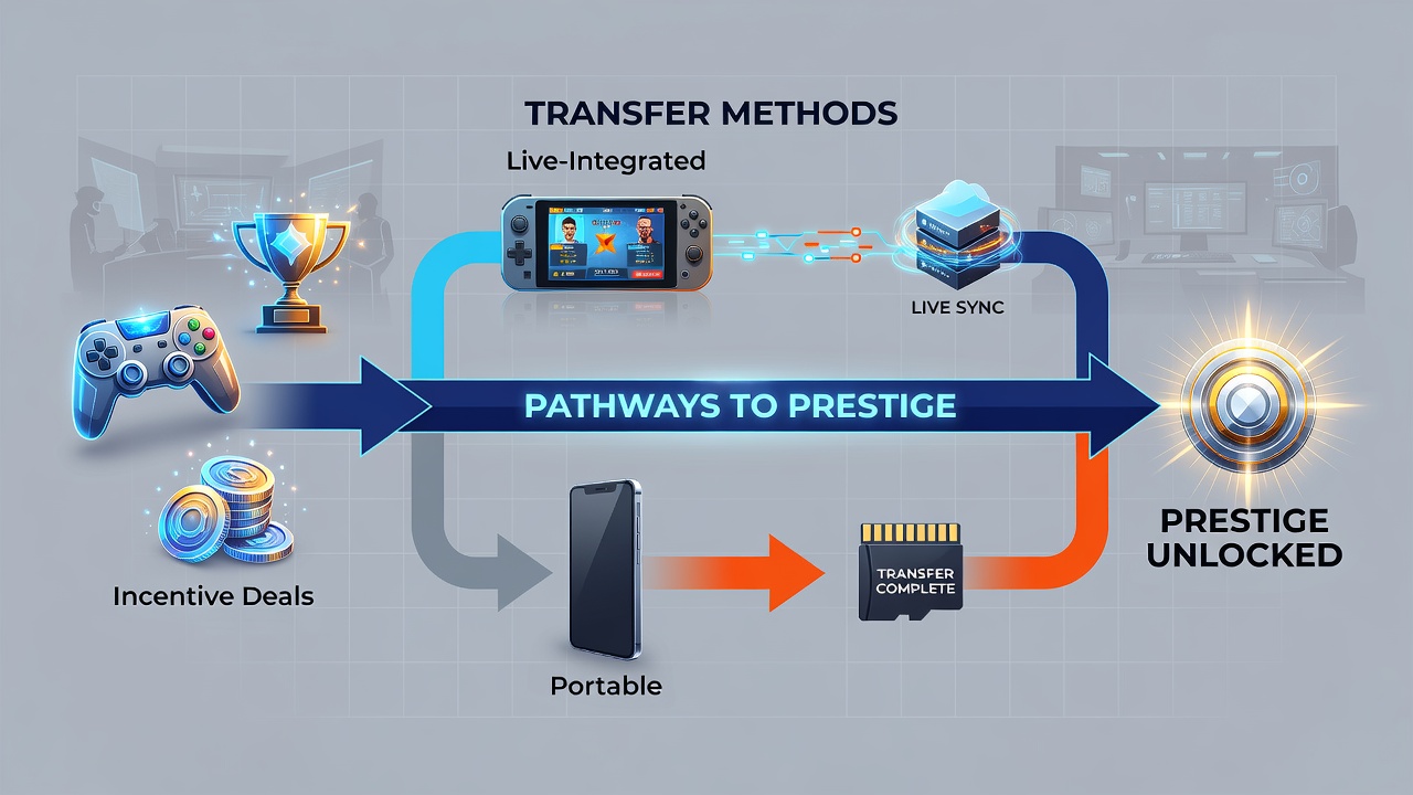 Illustration of transfer methods connecting to prestige levels in live mobile games
