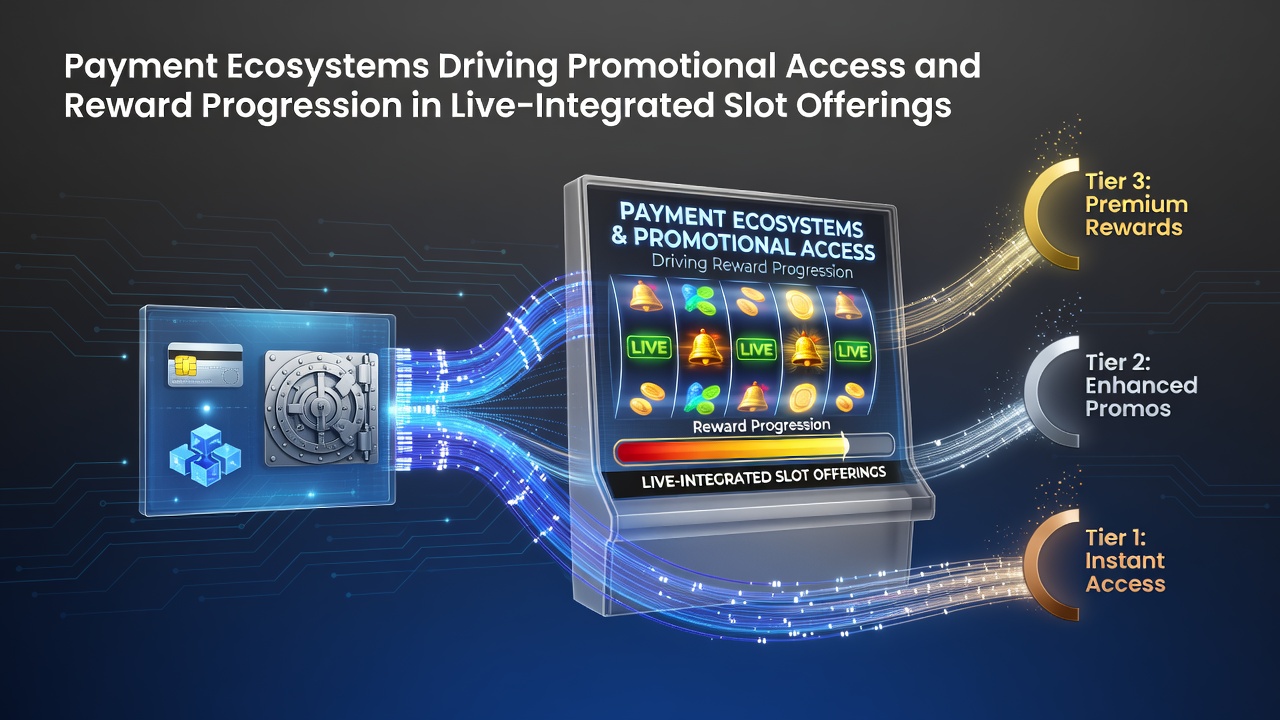 Payment systems connecting mobile devices to live-integrated slot platforms with promotional overlays and reward indicators