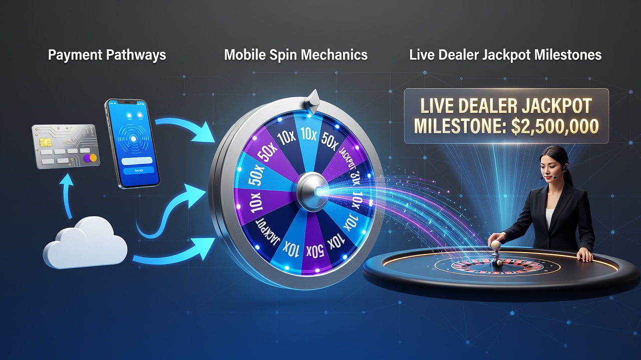 Mobile device showing spinning reels connected to live dealer table with payment flow indicators