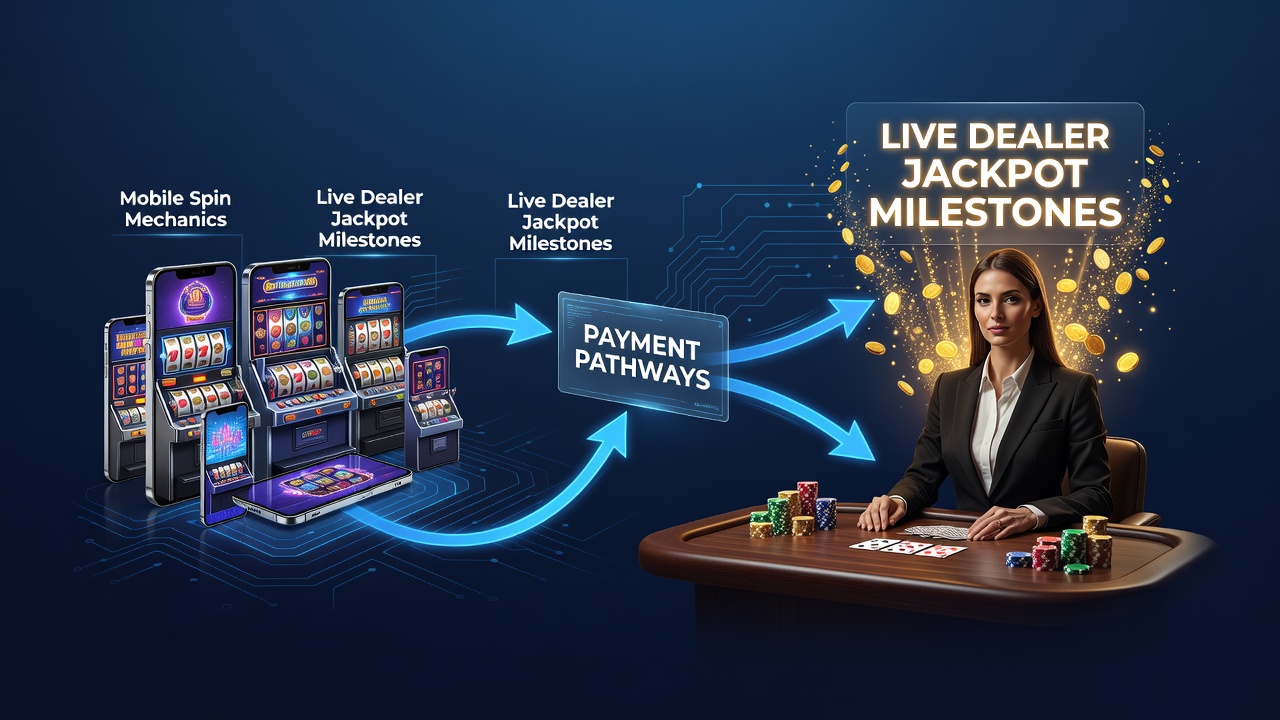 Diagram of payment flow between mobile slot interface and live dealer jackpot display