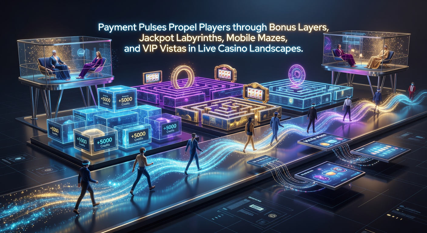 Dynamic illustration of lightning-fast payment streams lighting up paths through casino bonuses, jackpots, mobile screens, and VIP lounges in a vibrant live dealer setting