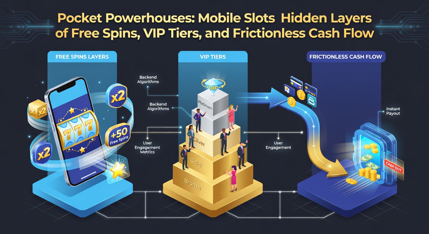 Dynamic graphic of cash flowing seamlessly from mobile wallet to slot jackpot, with VIP icons and spinning free spin wheels