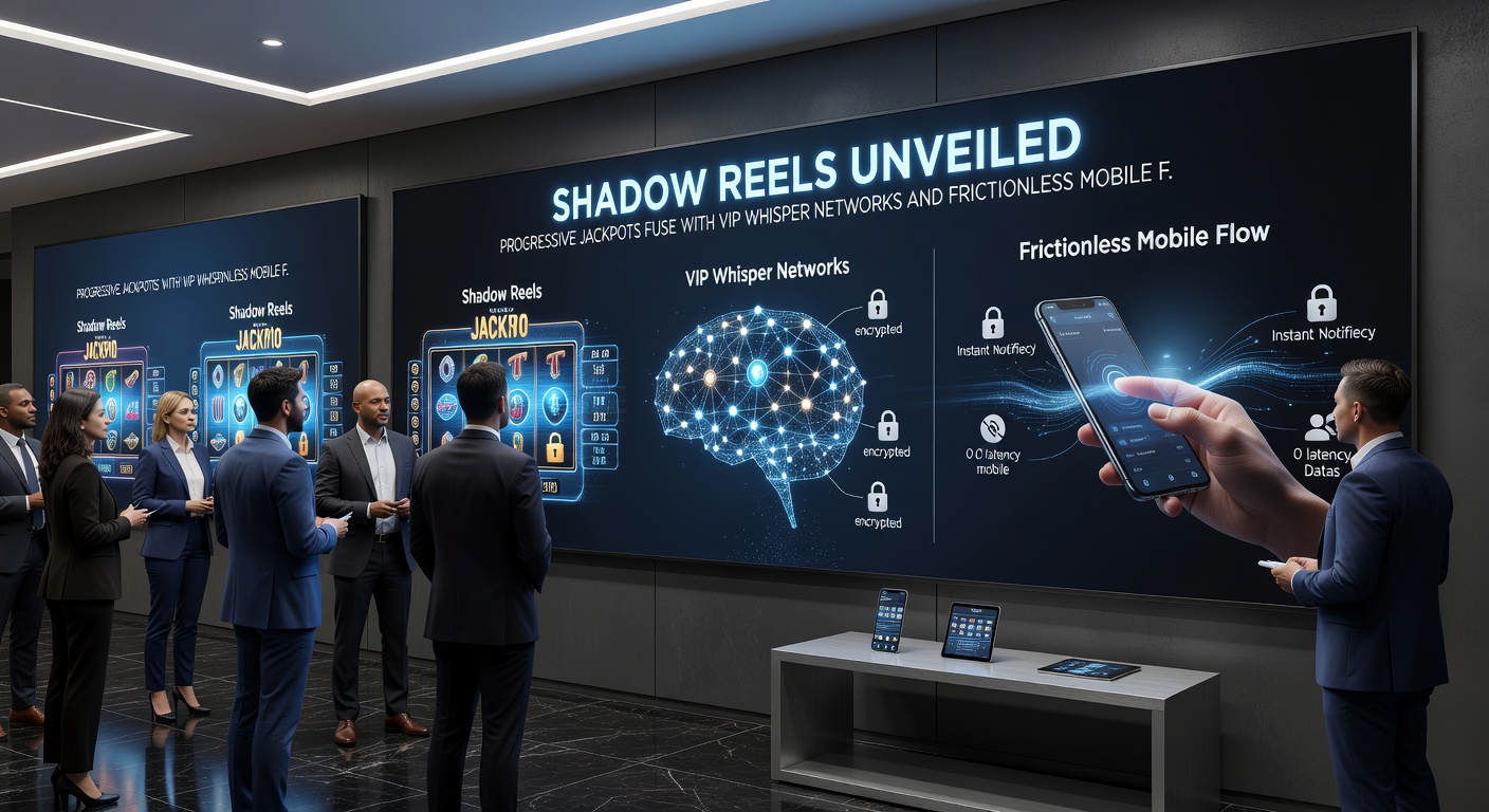 VIP whisper network dashboard on a mobile screen showing encrypted chat bubbles, jackpot alerts, and seamless deposit sliders amid shadowy reel graphics