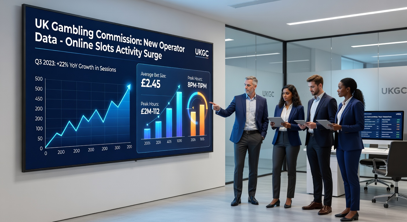 Graph charts showing upward trends in UK online slots metrics like GGY and spins, overlaid with icons of pound notes and spinning reels, illustrating the record Q4 2025 performance