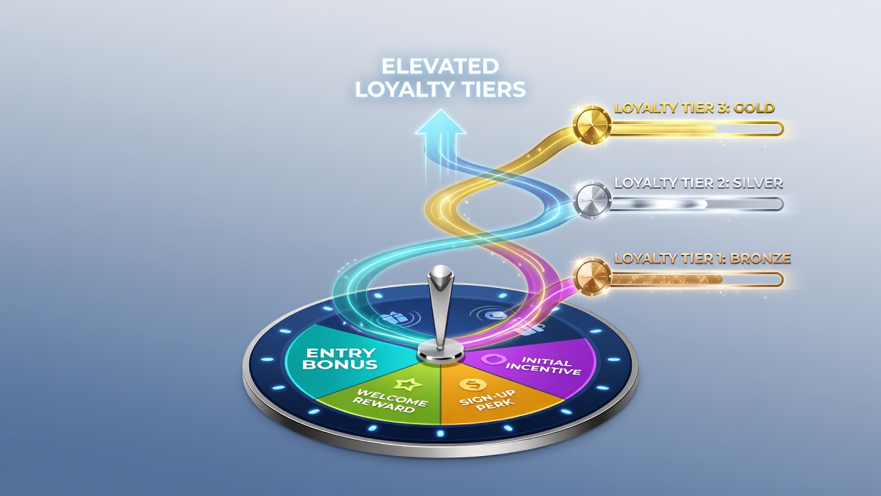 Infographic depicting loyalty tier progression with bonus multipliers and reward examples in spinning platforms