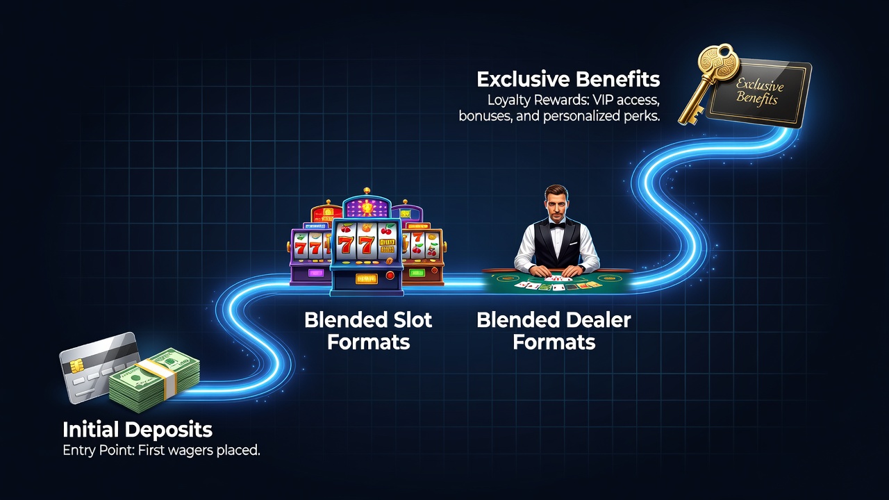 Player journey visualization showing deposit entry points leading into blended slot and live dealer game interfaces