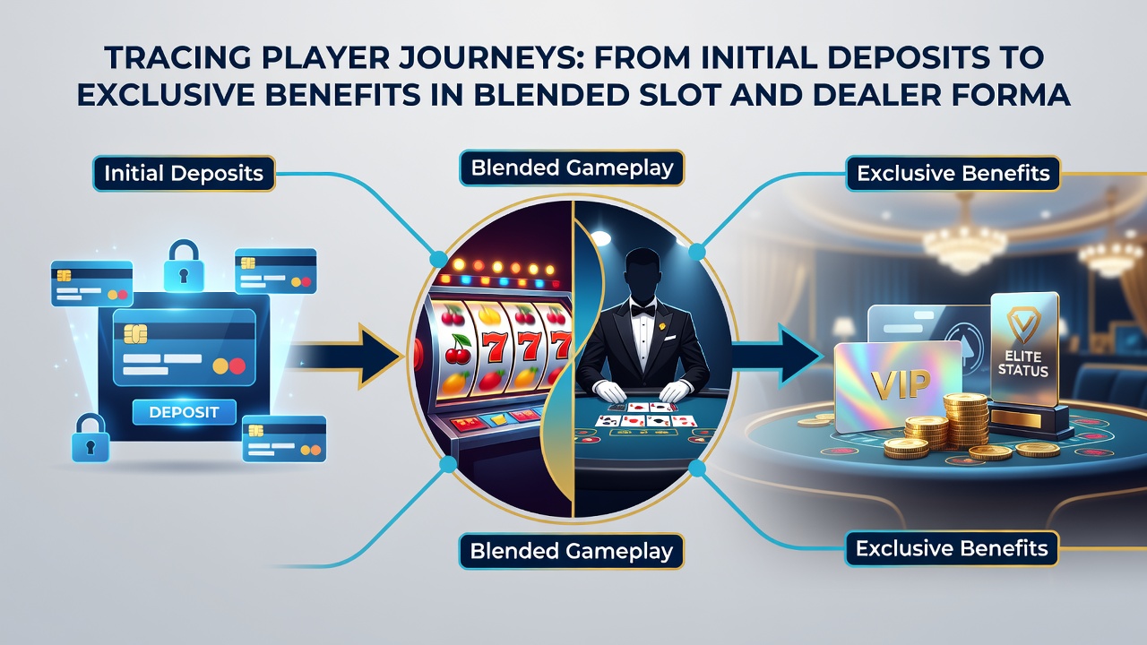 Mid-journey illustration of loyalty tier progression with slot reels and live dealer tables merging into VIP reward icons