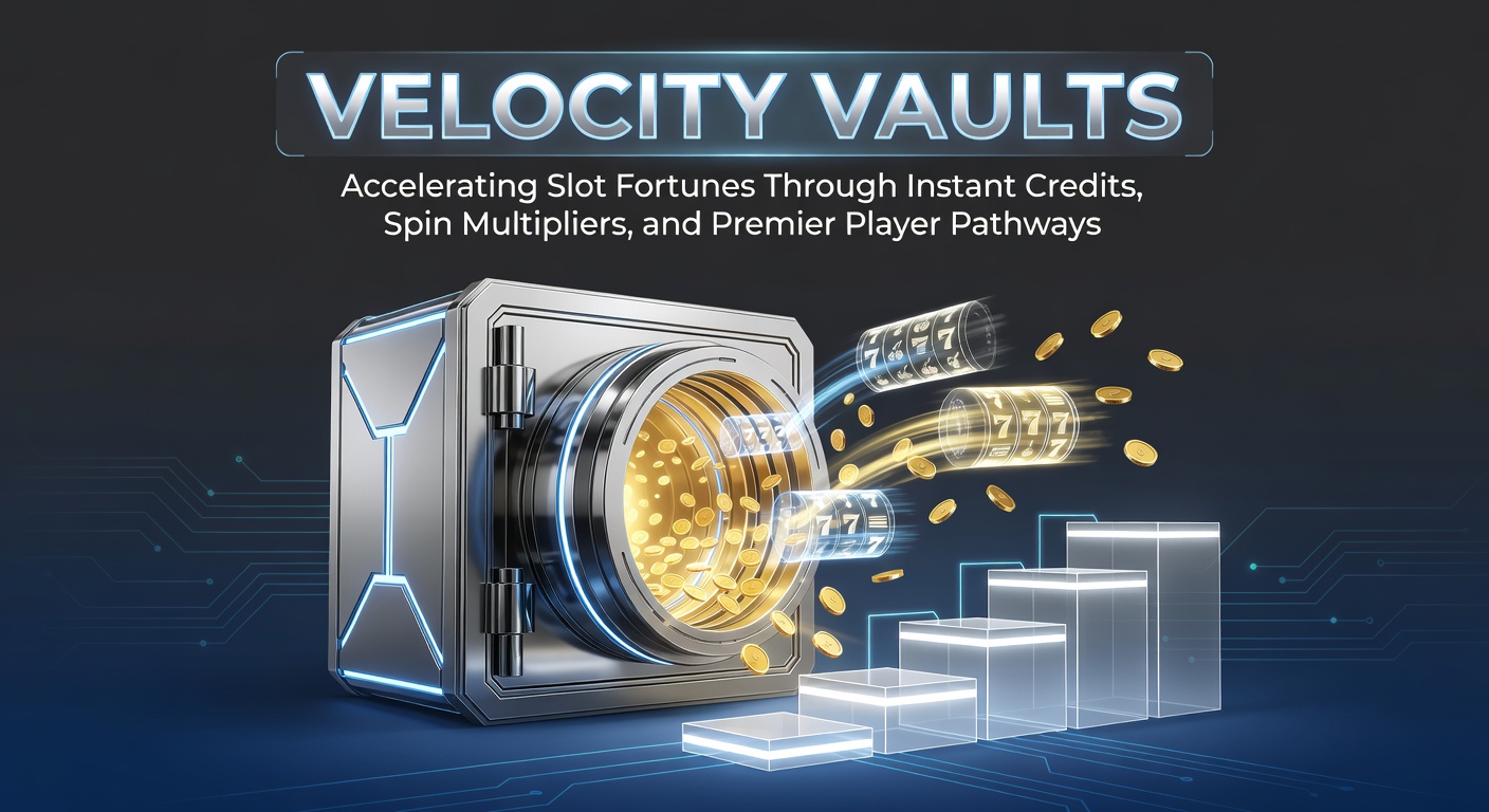 Vibrant Velocity Vaults slot screen displaying glowing instant credit vaults, spinning reels with multiplier badges, and a VIP pathway ladder climbing toward jackpot symbols