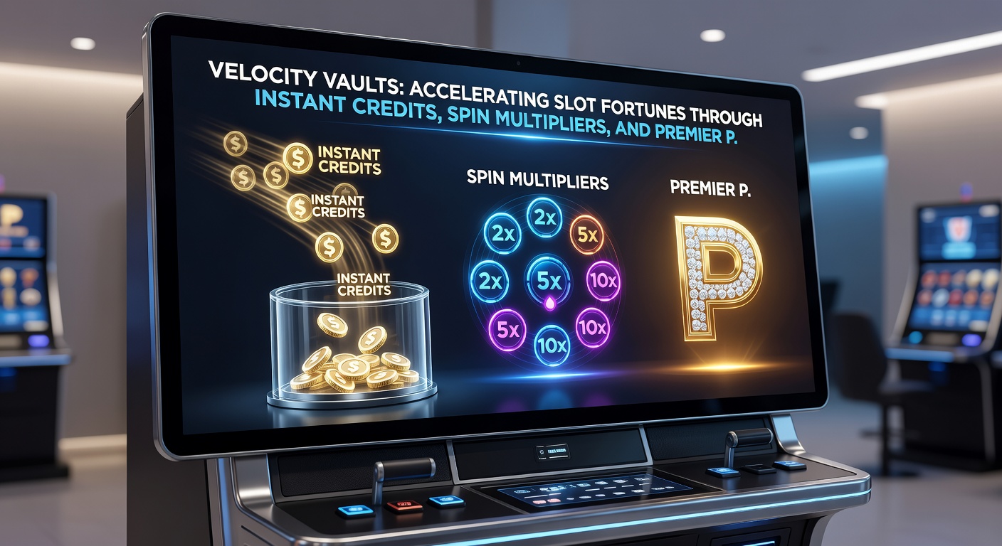 Close-up of Velocity Vaults multipliers exploding on reels, with instant credit icons raining down and a VIP pathway glowing in the background amid cascading wins